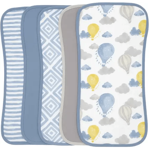Featherhead™ 5-Pack Muslin Burp Cloths for Baby Boy Large 22" X 11" - Ultra Soft & Extra Absorbent Cotton Terry Backing (Blue Balloons)