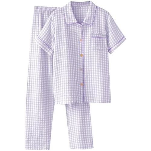 Womens Gingham Pajama Set Cotton Cute Pj Set Color Block Shirts 2 Piece Bridal Sleepwear Plaid Lounge Set