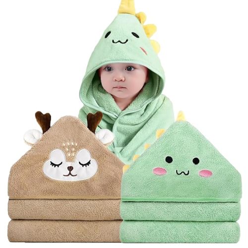 2 Pack Hooded Baby Towels - Premium Ultra Soft Organic Baby Bath Towel – Absorbent and Hypoallergenic Towels for Baby Boy Girl, Toddler, Newborn Essentials (Green,Brown)