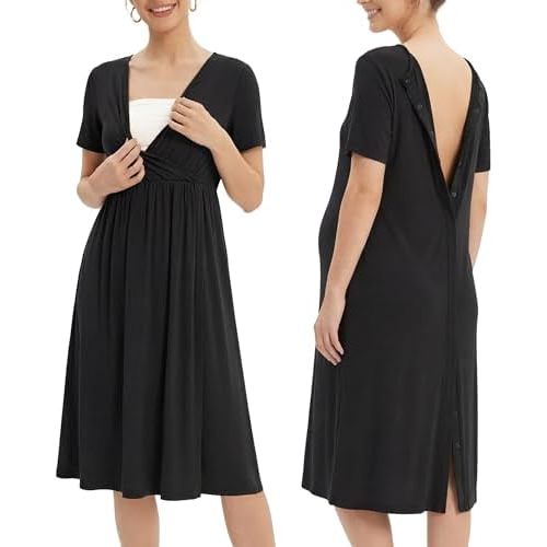 OUGES Stain Resistant Fabric Labor/Delivery/Hospital Gown Maternity Dress Wrap V Neck Snap Down Back Nursing Nightgown