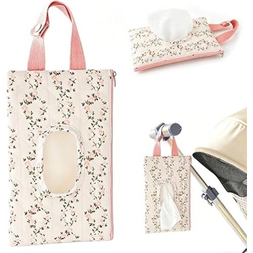 Baby Wipe Holder, Floral Quilted Dispenser Pouch Portable Mommy Bag for Travel Stroller Daily Casual (Pink)