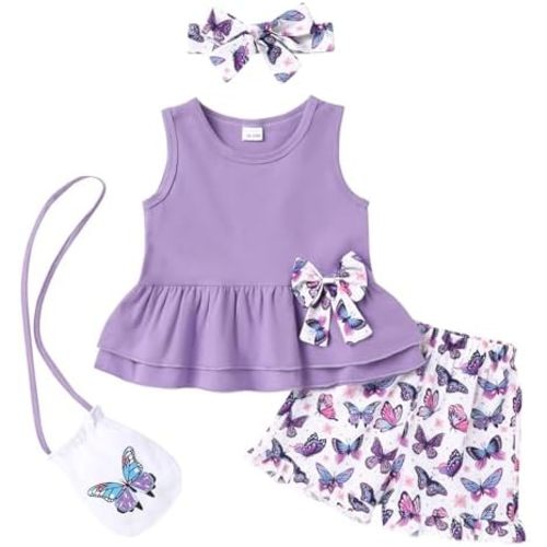 YOUNGER TREE Toddler Baby Girl Clothes Summer Outfit Bows Ruffle Tank Tops Shirts + Ruffled Short Set 12 18 24 Month 2T 3T