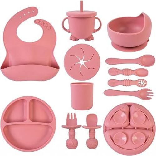 12-Piece Baby Silicone Feeding Set | Strong Suction Plate & Bowl | Soft Tip Spoons & Forks | 2-in-1 Straw & Snack Cup | Waterproof Bib | Baby Led Weaning Supplies | BPA Free(Dark Pink)