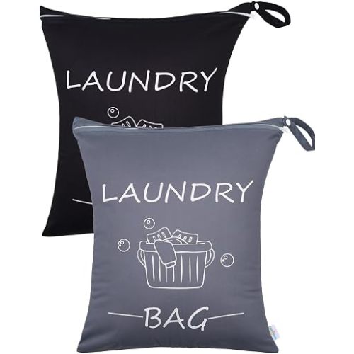 babygoal Travel Laundry Bags 2 Pack, Ideal for Travel, Gym and Swimming-Washable Waterproof Wet Dry Bags for Dirty Clothes, Bathing Suits and Swimsuits(Black & Grey)