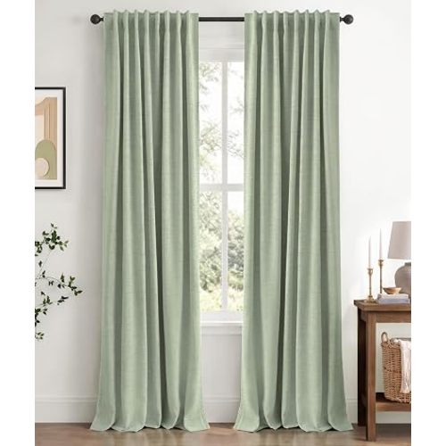 INOVADAY 100% Blackout Linen Curtains for Bedroom 50x84 Inches Sage Green