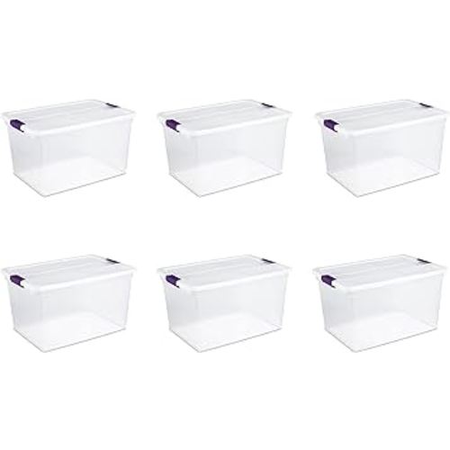 Sterilite 66 Qt ClearView Latch Storage Box, Stackable Bin with Latching Lid, Plastic Container to Organize Clothes in Closet, Clear Base, Lid, 6-Pack