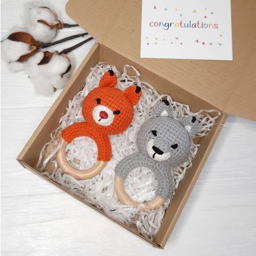 Woodland animals baby rattles: bear, wolf rattle, bunny, fox, rabbit rattle, infant rattle, postpartum baby gift, gender neutral baby toys