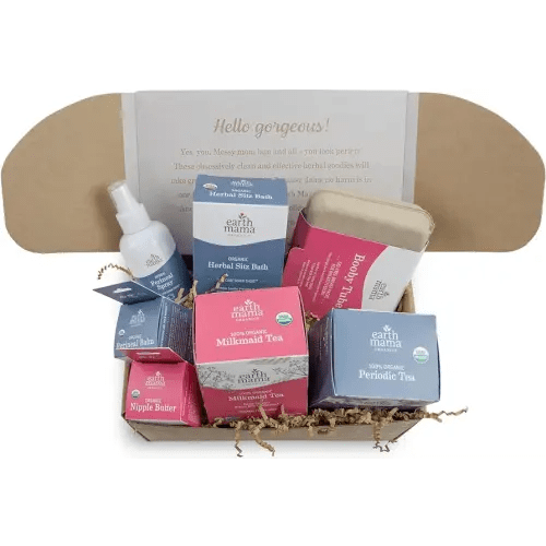 Earth Mama Postpartum Essentials Recovery Gift Set for Mom| Organic Self Care Gifts for Mom, Nipple Butter, Perineal Spray & Balm, Sitz Bath, Milkmaid & Periodic Tea and Booby Tubes, 7-Piece Set