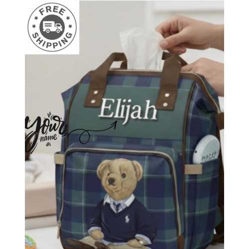 Teddy Bear Plaid Backpack, Diaper Backpack,Personalized