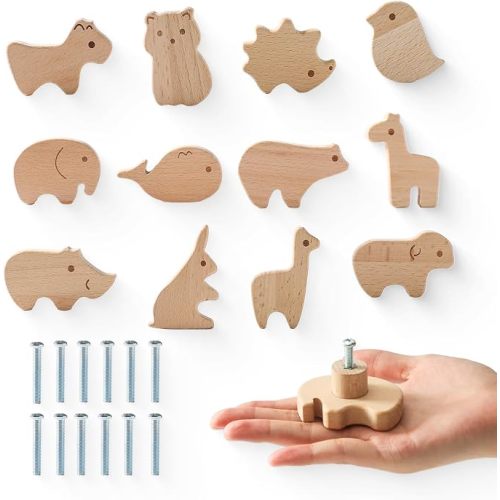 Wooden Animal Cabinet Drawer Pulls - Decorative Wild Animal Knobs with Screws for Cabinets & Furniture (12 Sets)