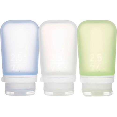humangear GoToob+ 3-Pack (Medium) | Refillable Silicone Travel Bottle | Locking Lid | Food-Safe Material, Clear/Green/Blue, Medium (2.5 fl.oz.; 74ml)