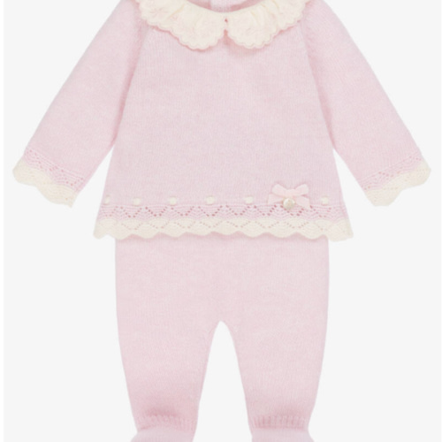 Dr. Kid - Girls Pink Wool Knit 2 Piece Babygrow with Embroidered Collar | Childrensalon