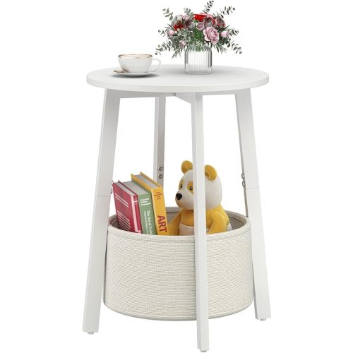 Small Round Side End Table with Cloth Storage Basket, Round Bedside Sofa Couch Coffee Tables for Small Places with Metal Frame, Modern Nighstands for Living Room Bedroom,White