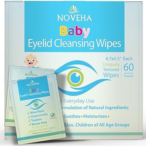 NOVEHA 60PCs Baby Eye Wipes | Safe & Natural Eyelid & Lash Wipes | Non Irritating, Tear Free, Hypoallergenic & Preservative free | Organic Baby Wipes for Sensitive Skin | Soothing and Moisturizing