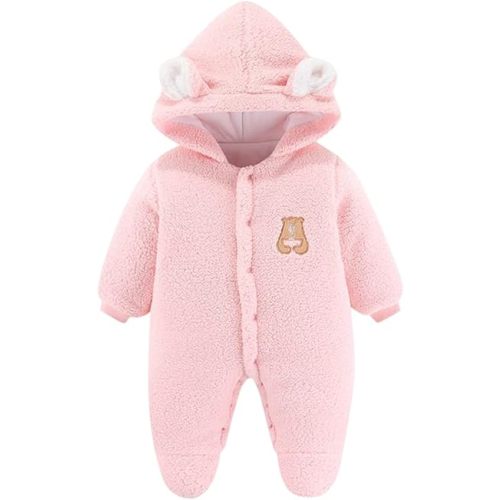 Newborn Baby Fleece Jumpsuits Cotton Fleece Hooded Romper Jumpsuit for Baby Girls Boys 0-12 Months (Pink, 9-12 Months)