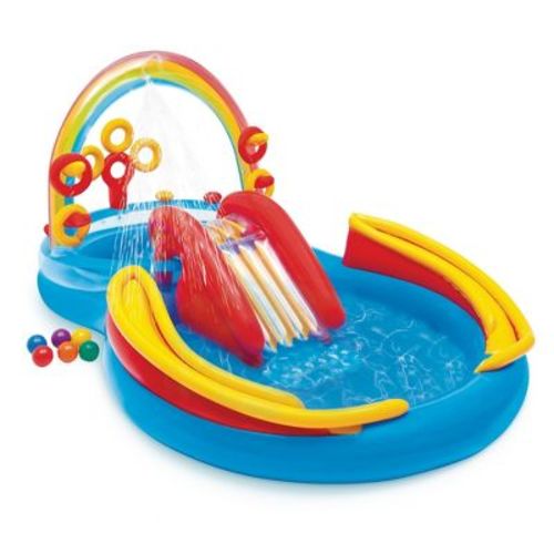 Intex 57453EP 9.75' x 6.3' x 53" Kids Rainbow Inflatable Pool with Water Slide and Ring Toss Multicolored