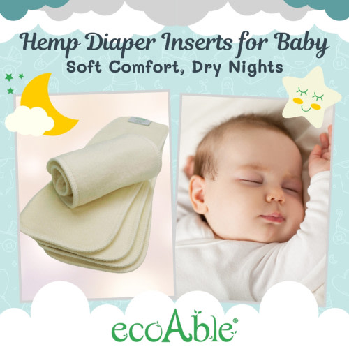 EcoAble Hemp Cotton Booster Inserts for Cloth Diapers — 4-Layer Overnight Absorbency Doublers
