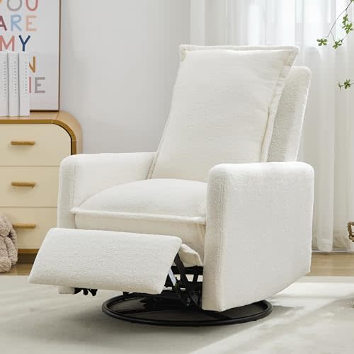 Modern Living Room Lounge Reclining Chair Boucle Upholstered Glider Rocker Recliner Manual Adjustable Armchair with Footrest Pedal for Bedroom/Office Home Theater