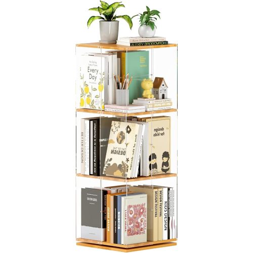 3-Tier Rotating Bookshelf, 360° Spinning Book Shelf Tower with Solid Wood & Clear Acrylic, Square Revolving Bookcase for Kids Room, Living Room, Bedroom and Office
