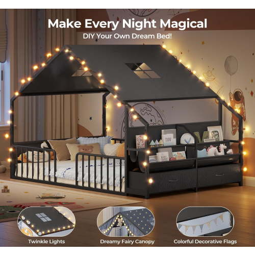 Full Size Floor Bed with Safety Guardrails, Montessori House Bed Floor Bed Full with Sling Bookshelves & Storage Drawers, Metal Floor Bed Frame for Bedroom,Playhouse, Black