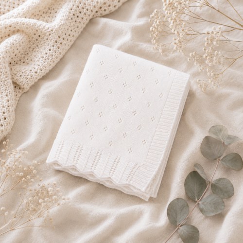 Milan Dove White Classic Pointelle Knit Baby Blanket (Organic Cotton)