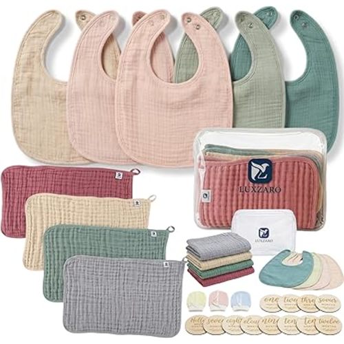 Daily new Baby Care 23-PCS – 4 Muslin Burp Cloths, 4 Cotton Bibs, 3 Pairs Anti-Scratch Mittens + Bonus 12 Wooden Monthly Milestone Discs- and Unisex Gift for New Moms and Baby Care Essentials