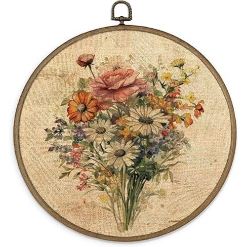 MAQIKA Vintage Floral Framed Wall Art Decor, Botanical Canvas Prints, Farmhouse Flower Round Wall Hanging, Boho Wall Art for Living Room Bedroom Kitchen, 10x10 Inch