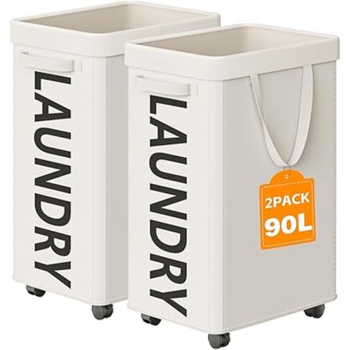 2 Pack Rolling Laundry Basket with Wheels, 90L Hamper with Wheels and Removable Mesh Bag, White Laundry Baskets on Wheels for Bedroom, Dorm, Clothes Hamper Organizer