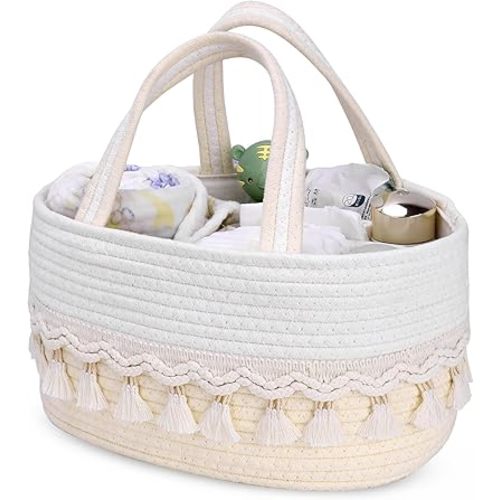 Diaper Caddy Organizer, Stylish Nursery Storage Basket, Baby Shower Basket with Tassel Decorative Appearance, Portable Storage Basket Suitable for Family and Car Travel