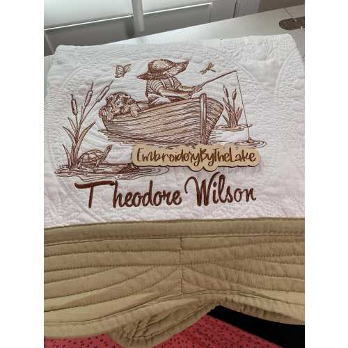 Fishing Baby Quilt: Embroidered Boy Design, Scalloped Edge