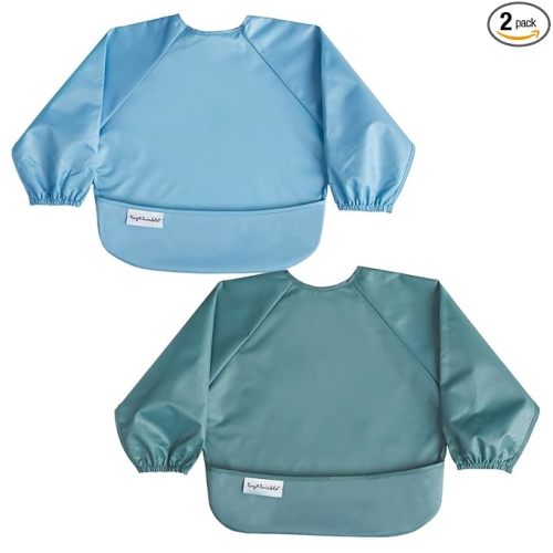 Tiny Twinkle Long Sleeve Bib for Babies & Toddlers | 2-Pack Waterproof Smock Bib for Eating | Machine Washable & Mess-Proof Feeding Essentials | Newborn Shower Gift (Slate Olive,6–24M)