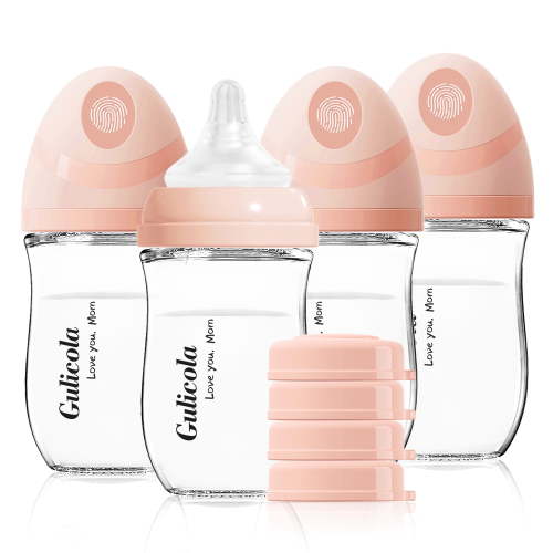 Gulicola Natural Glass Baby Bottle 4 Pack, Newborn Breastfeeding Bottles Set, Extra Slow Flow Nipples (SS), Anti Colic, 0 Months+, 5 oz