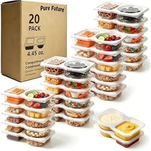 Pure Future 20-Pack Reusable Snack Containers with Lids, 2-Compartment Snackle Box Container for Meal Prep, Portion Control Snack Pack for Office, Travel & Gym, Microwave Safe (40 Pcs)