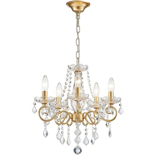 ANJIADENGSHI Mini Crystal Chandelier K9 Crystal Lighting Chandelier for Living Room 5 E12 Bulbs High 16.5 in x Diameter 16.9 in, Golden