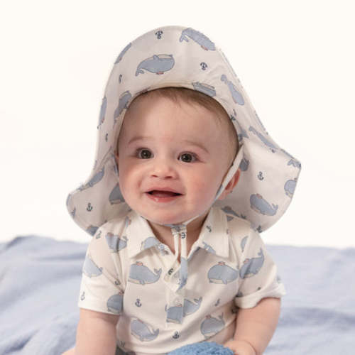 Bubbly Sailor Whales Blue - Wide Brim Sun Hat