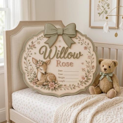 Personalized Deer Birth Stats Sign, Custom Baby Girl Nursery Name Sign, Woodland Fawn Birth Announcement Plaque, Baby Shower Gift