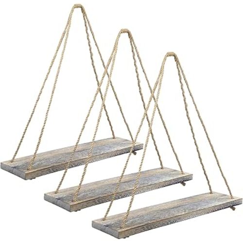 Excello Global Products Rustic Distressed Wood Hanging Shelves: 17-Inch with Swing Rope Floating Shelves (Whitewashed - Pack of 3)