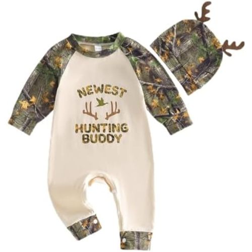 Muasaaluxi Newborn Baby Boy Clothes 0 3 6 12 18 Months Long Sleeve Leaf Branch Romper Jumpsuit Antlers Hat Outfits 0-18M