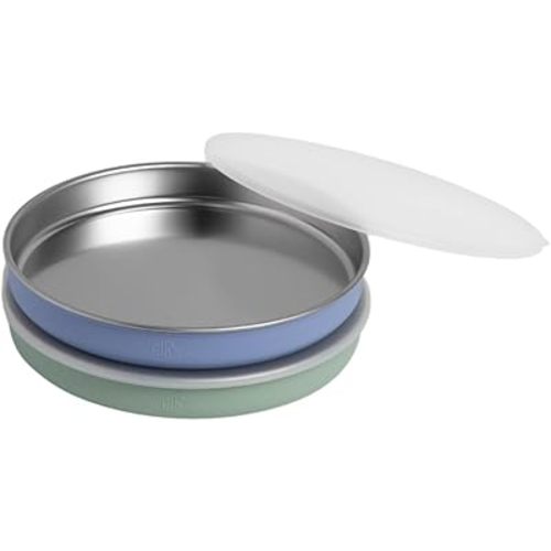 Elk and Friends 7.8” Stainless Steel Non Divided Plates with Silicone Sleeve + Storage Lid | Baby, Toddler, Kids | Dishwasher Safe | Dinner & Snack Plates | 2 Pack