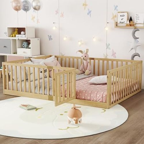 Bellemave Full Size Kids Montessori Floor Bed Frame with Door and Slats,Solid Wood Floor Bed Frame with Slats and High Fence for Kids,Girls,Boys,Natural
