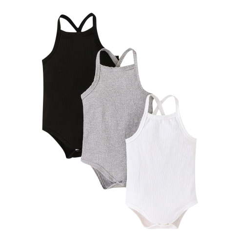 Amvlyk 3Pc Rompers for Toddler Cami Outfits Soft Cotton Fashion Spaghetti Strap Newborn Clothes Summer Casual Sleeveless Jumpsuits Solid Color Onesie Bodysuits for Infant Baby Boy Girl