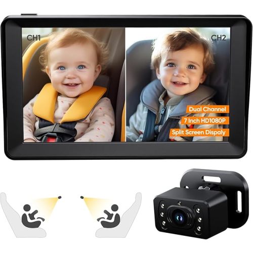 Baby Car Camera for 2 Kids - 7 Inch HD1080P Split Screen Baby Monitor with Dual Backseat Camera 150° Wide View & 360° Rotatable, Night Vision Easy Install, Rear-Facing Baby Car Mirror