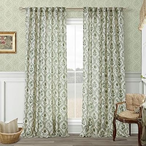 Olive Green Farmhouse Floral Curtains 108 Inches Long for Living Room Spring Poppy Flower Patterned Curtains Print Vintage Country Style Decor Shabby Chic Linen Boho Floral Drapes for Bedroom 9 FT