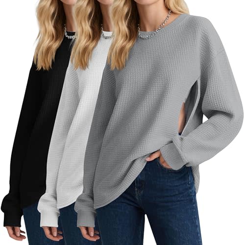 Oakgarden 3 Pack Women's Oversized Nursing Tops, Waffle Knit Breastfeeding Zipper Sweatshirt Long Sleeve Maternity Shirts