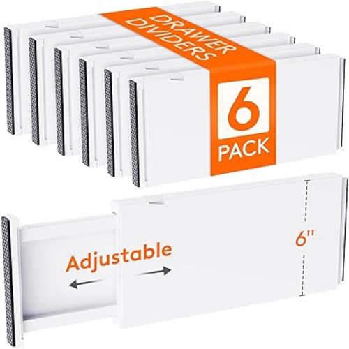 Lifewit 6 Pack 6" High Drawer Dividers 34-56cm/13.5-22" Adjustable Drawer Organizer for Clothes/Utensils, Expandable Drawer Separator in Dresser/Kitchen/Bedroom/Office Organization & Storage White