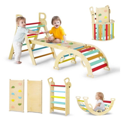 PlayPals 7-In-1 Pikler Triangle Set Toddler Wood Climb Play Set w/ Easy-Grip Handles