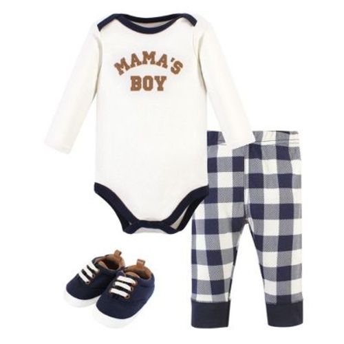 Hudson Baby Infant Boy Cotton Long-Sleeve Bodysuit, Pant and Shoe Set, Brown Navy Mamas Boy, 0-3 Months