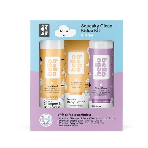 Hello Bello Squeaky Clean Kiddo Gift Set - Includes Gentle Hypoallergenic Plant-Based Shampoo & Body Wash, Bubble Bath, Baby Lotion, and Wipes - Vegan and Cruelty-Free (Scents May Vary)