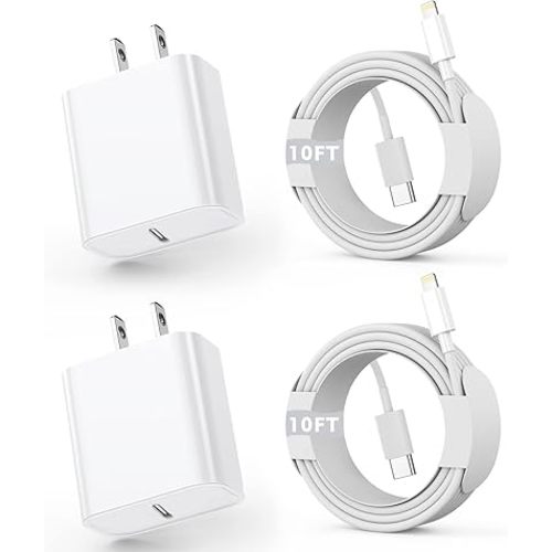 iPhone Fast Charger, [Apple Certified] 2Pack 10FT Extra Long Fast Charging USB C to Lightning Cable Cords with PD USB C Wall Charger Block for Apple iPhone 14/13/12/11/Pro/Pro Max/11/Xs Max/XR/X, iPad