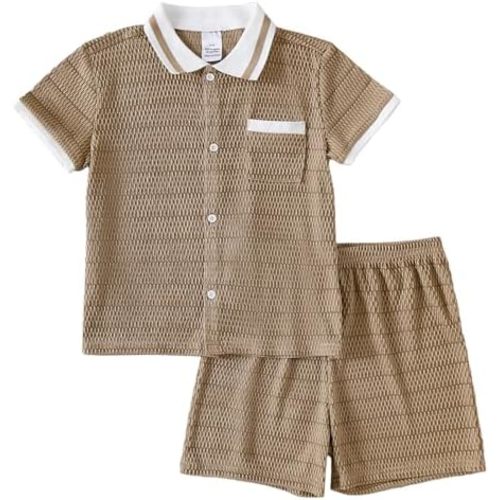ROMPERINBOX Baby Boys Clothes Toddler Summer Outfits Waffle Knit Short Sleeve Button Down Shirt+Shorts 2Pcs for 12M-5T